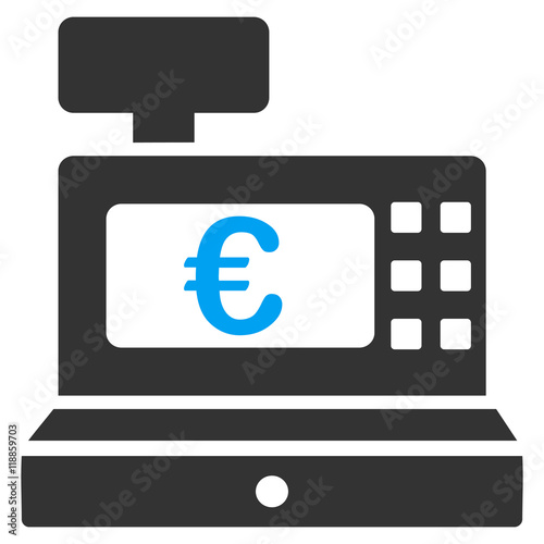Euro Cashbox icon. Vector style is bicolor flat iconic symbol with rounded angles, blue and gray colors, white background.