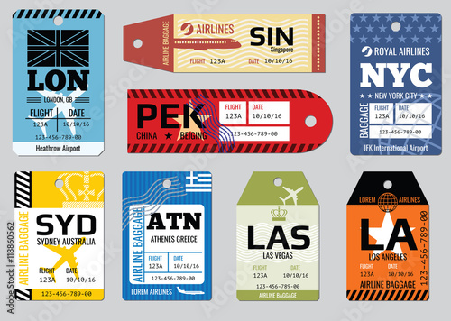 Vintage luggage tags, travel labels vector set