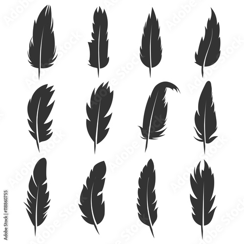 Feather, antique pen black vector icons isolated on white background