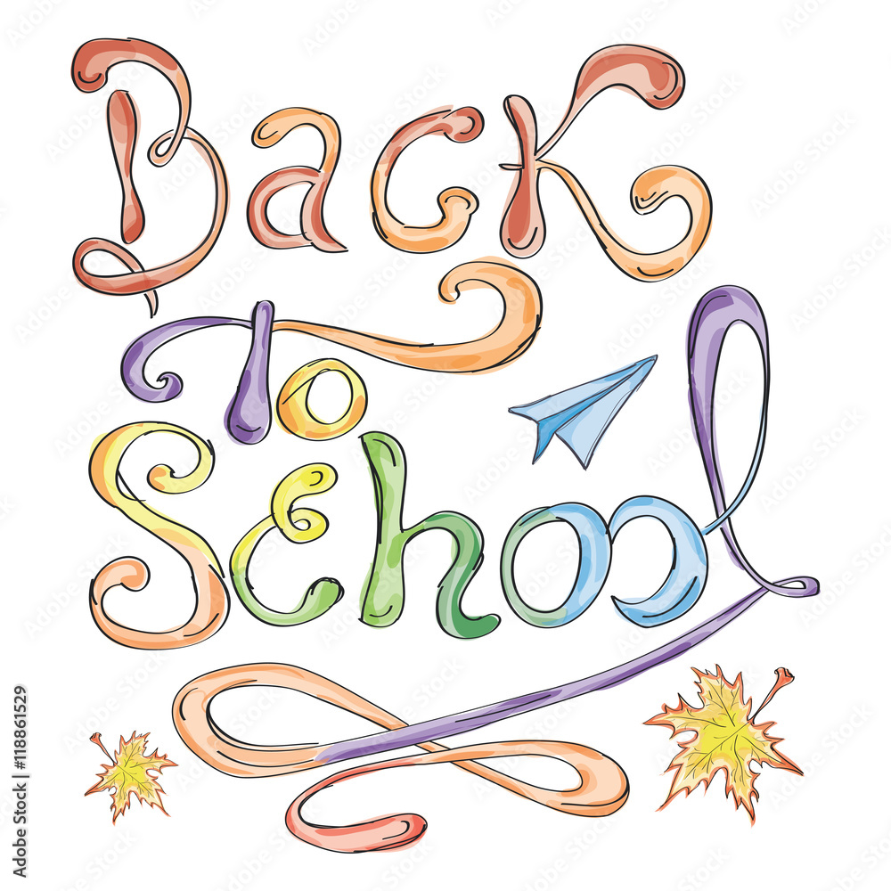 Obraz premium Back to school card. Watercolor style. Vector illustration with lettering. School themed doodle elements. Childish poster.