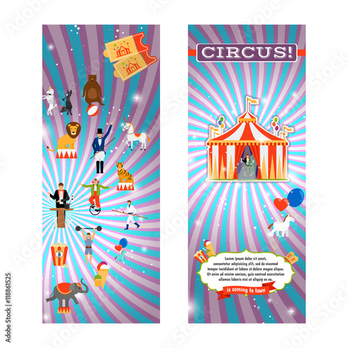 Vintage circus flyer template with tent and circus elements. Vector illustration