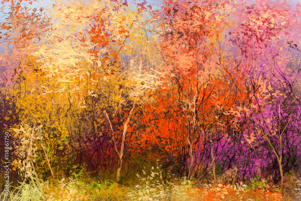 Obraz premium Oil painting landscape - colorful autumn trees. Semi abstract image of forest, trees with yellow - red leaf. Autumn, Fall season nature background. Hand Painted Impressionist style 