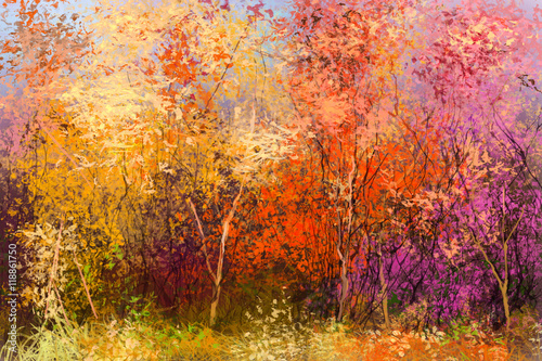 Fototapeta Naklejka Na Ścianę i Meble -  Oil painting landscape - colorful autumn trees. Semi abstract image of forest, trees with yellow - red leaf. Autumn, Fall season nature background. Hand Painted Impressionist style 