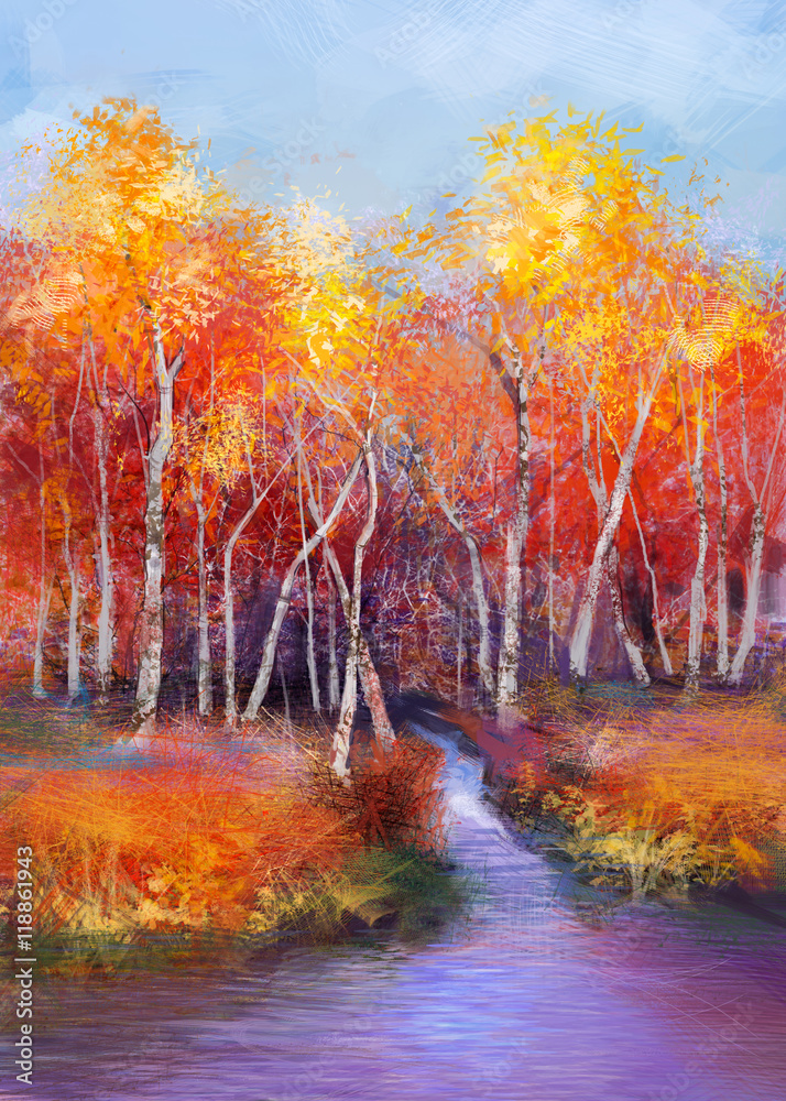 Fototapeta premium Oil painting landscape - colorful autumn trees. Semi abstract image of forest, trees with yellow - red leaf and lake. Autumn, Fall season nature background. Hand Painted landscape, Impressionist style