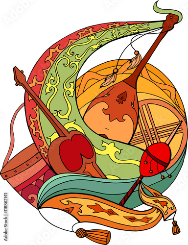 Abstract illustration of Kazakh national instruments with orname