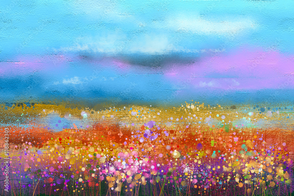 Abstract colorful oil painting landscape background. Semi abstract image of wildflower and field. Yellow and red wildflowers at meadow with blue sky. Spring, summer season nature background