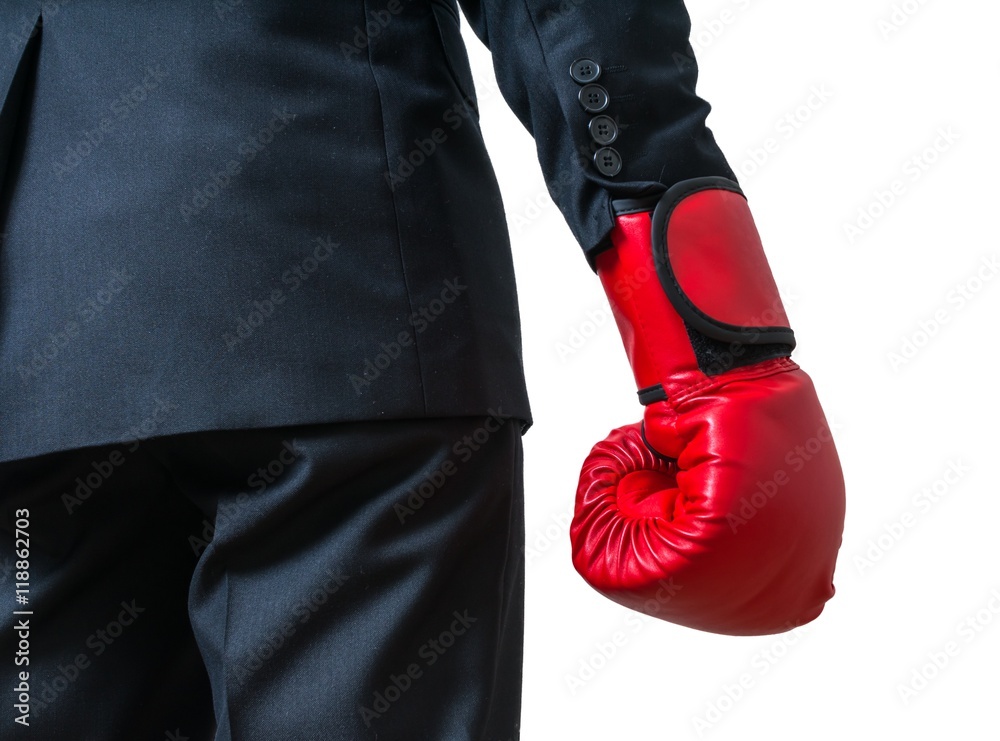 Hand of boxing businessman. Isolated on white background.