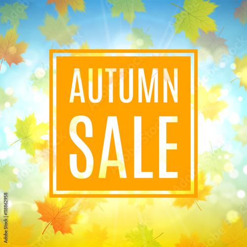 Autumn sale banner with maple leaves. Shiny backdrop with seasonal special offer. Beautiful background with the falling leaves. Vector illustration.