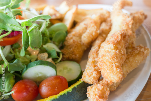 Gourmet fish and chips with salad