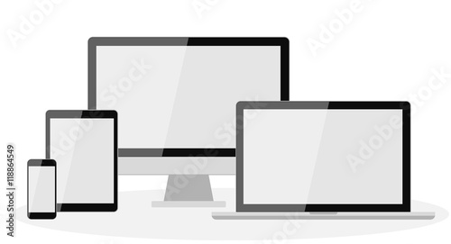 Different types of screens. Isolated screens. Computer and laptop, tablet and smartphone screens.