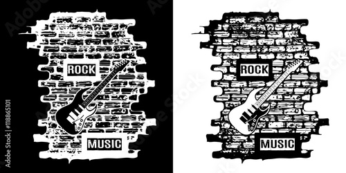 rock music on a brick background black and white