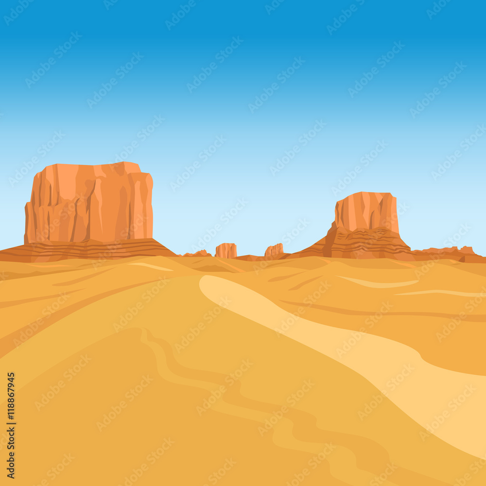 Mountains desert vector landscape background with red rocks