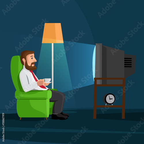 Cartoon man on sofa watches TV with coffee cup vector illustration