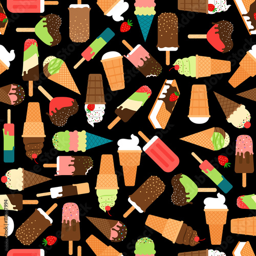 Ice cream seamless pattern. Waffle icecream cone and popsicle sweet background. Vector illustration