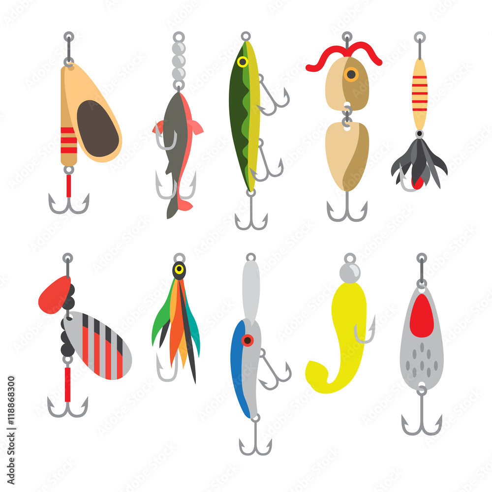 Fishing bait. Fish lure with hook flat icons isolated on white background.  Vector illustration Stock Vector