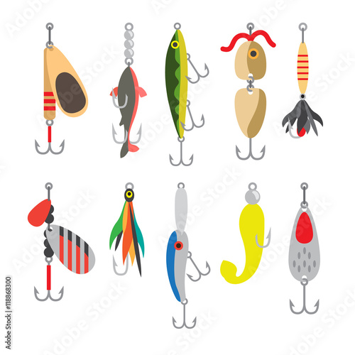 Fishing bait. Fish lure with hook flat icons isolated on white background. Vector illustration