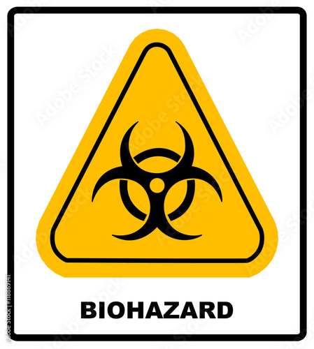 Biohazard symbol sign of biological threat alert, black yellow triangle signage text, isolated