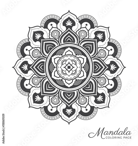 Tibetan mandala decorative ornament design for adult coloring page, greeting card, invitation, tattoo, yoga and spa symbol. Vector illustration