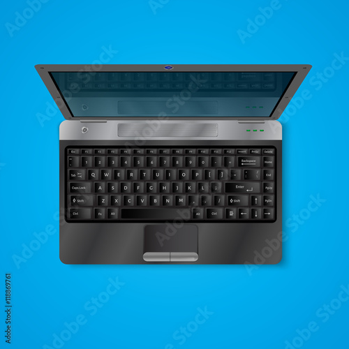 Realistic vector illustration of laptop with mirror screen. Top view on blue background