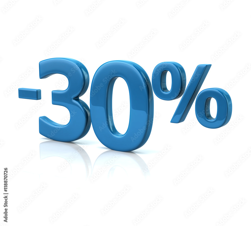 3d illustration of thirty percent discount in blue letters on white background 3d illustration of thirty percent discount in blue letters on white background