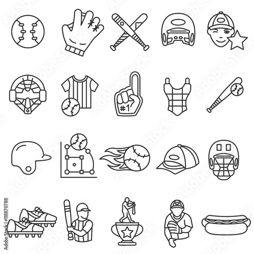 Photography baseball icons set. Thin line design