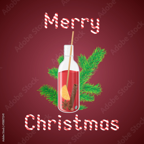Vector illustration of mulled wine in a bottle with Christmas greeting sweets text.