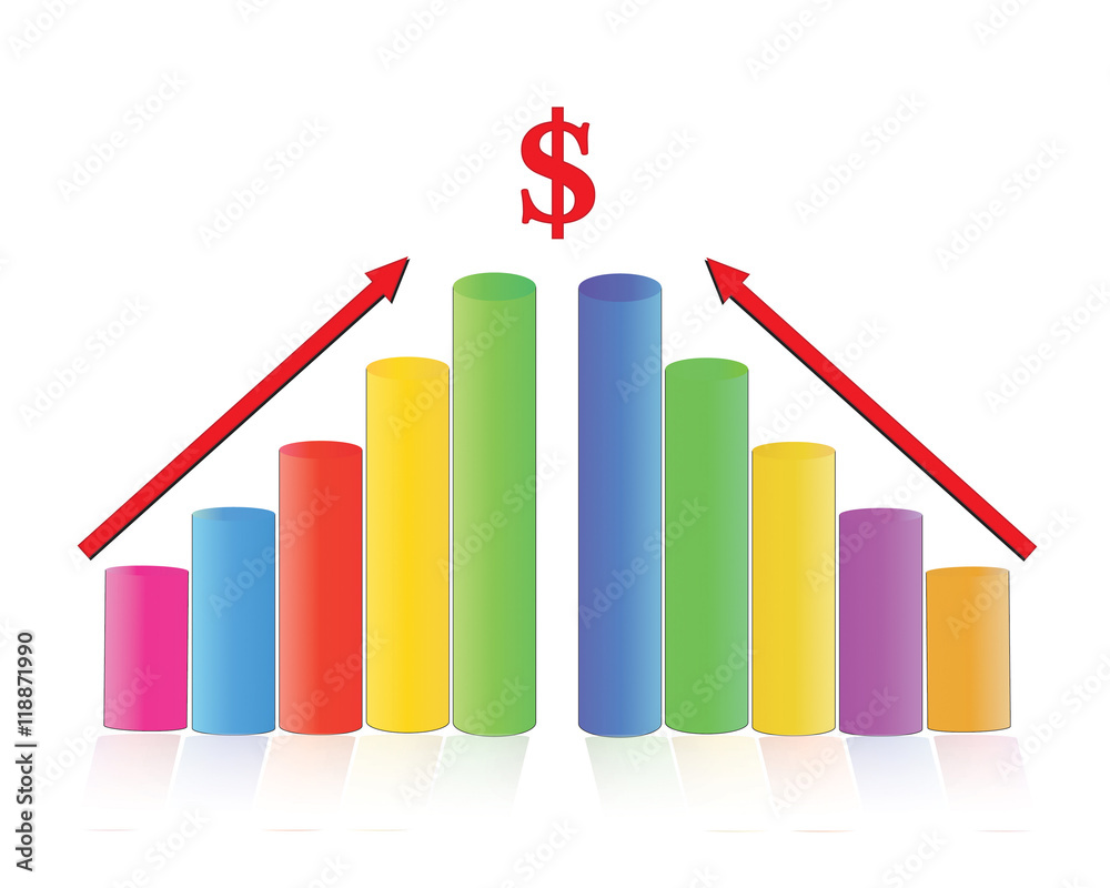 illustration of bar graph with rising arrow on isolated backgrou