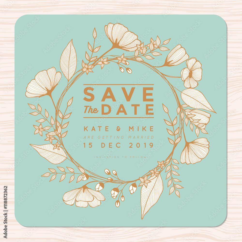 Save the date, wedding invitation card with flower wreath background  template in golden color. Flower floral background. Vector illustration.  Stock Vector | Adobe Stock