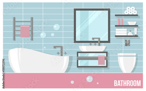 Bathroom modern interior with blue tiles in flat style. Vector illustration about hygiene and home.