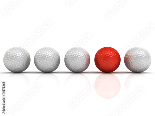 Red golf ball among white golf balls stand out from the crowd concept isolated on white background with shadow and reflection 3D rendering
