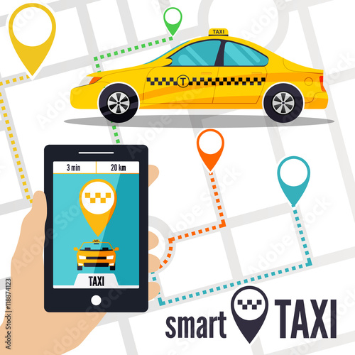 Vector illustration of a smart taxi concept. Smartphone with taxi service application on a screen, yellow cab, street map and location pointer on a background. Taxi ordering interface.