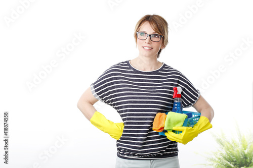 Housekeeper woman is starting to clean the house