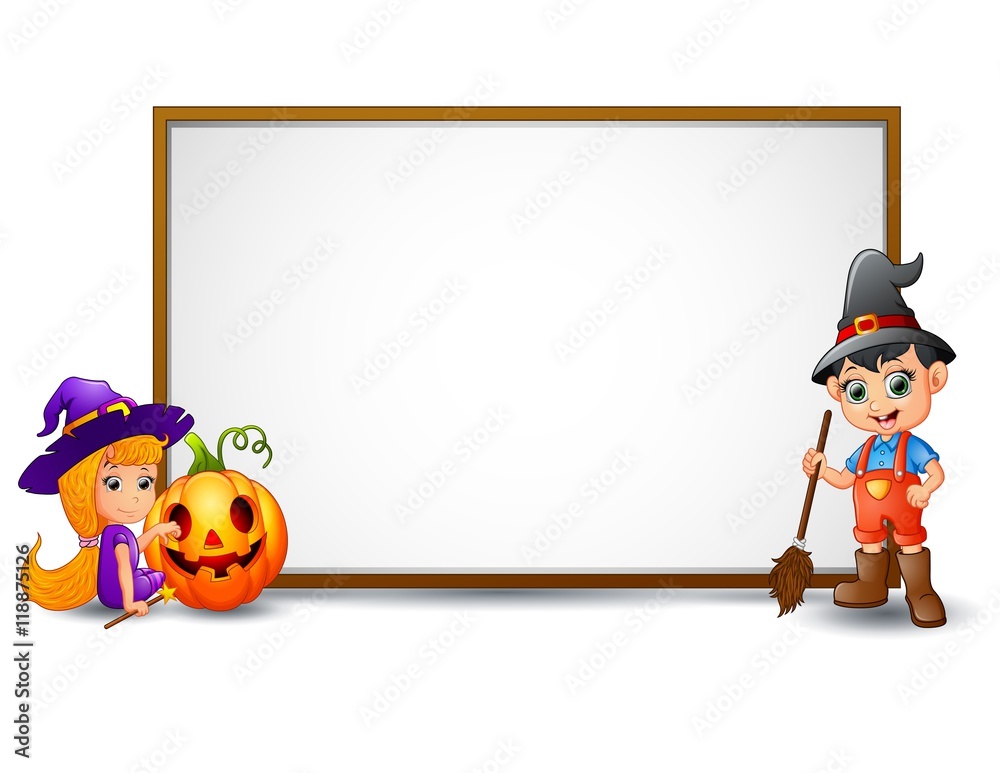 Halloween sign with witch, boy, and pumpkin
