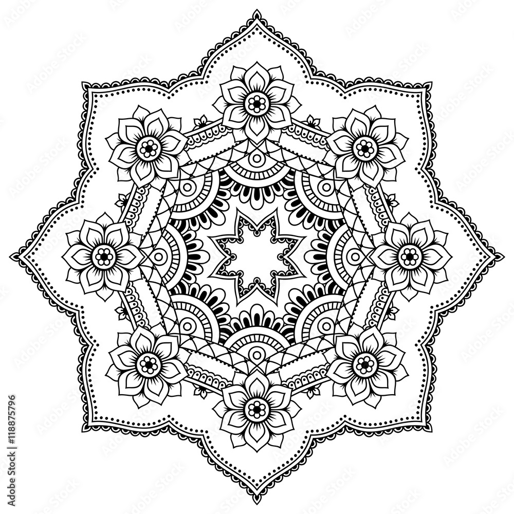Henna tattoo mandala in mehndi style. Pattern for coloring book. Hand drawn vector illustration isolated on white background. Design element in Doodles style.
