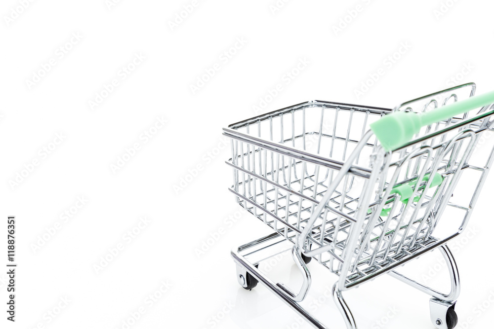 Empty shopping cart, on white background with copy-space Empty shopping cart, on white background with copy-space