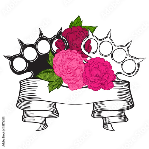 brass knuckles in roses. Old school tatoo style with weapon. vector illustration.