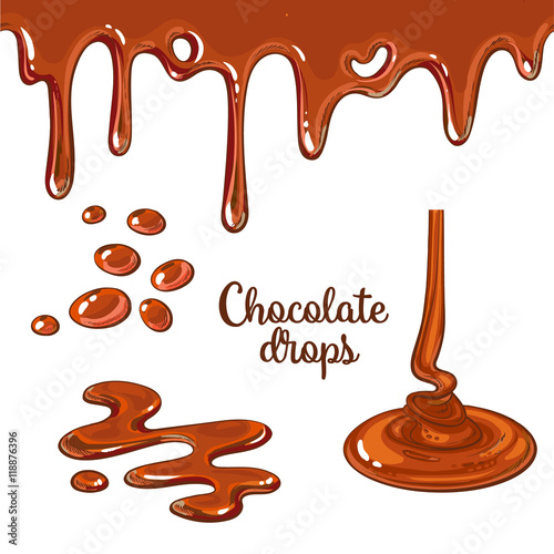 Set of chocolate drops and blots, cartoon style vector illustration isolated on white background. Chocolate dropping and flowing, yummy cake decoration elements