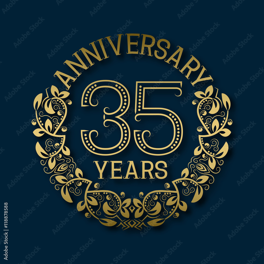Fototapeta premium Golden emblem of thirty fifth years anniversary. Celebration patterned logotype with shadow on blue.