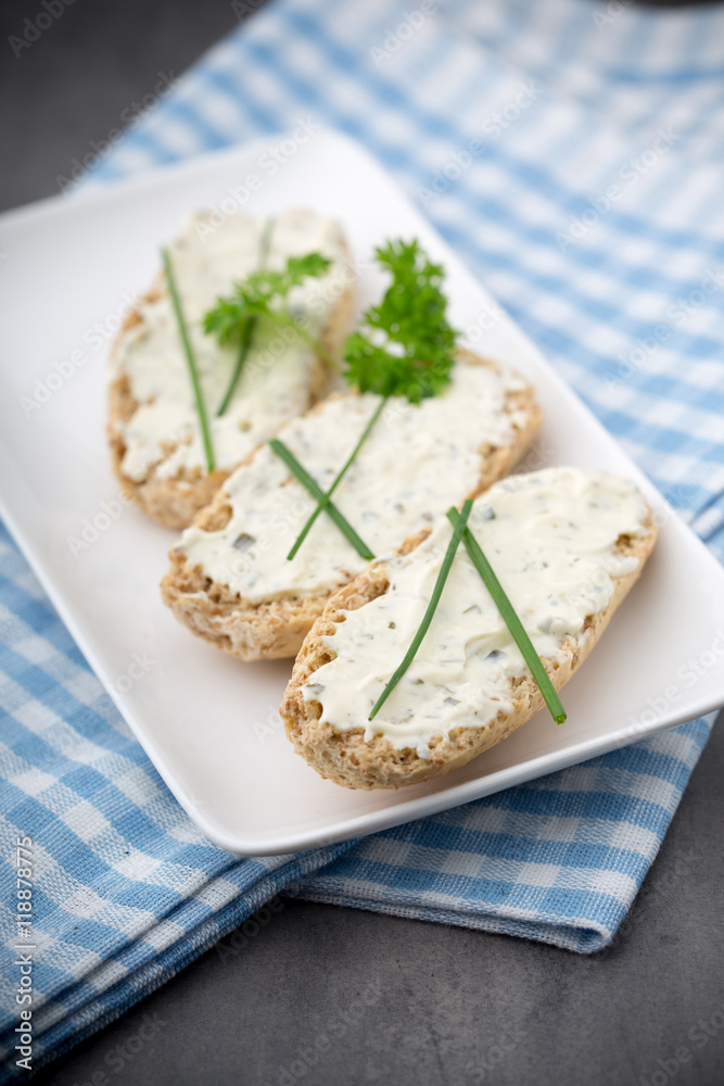 Crispbread with soft cheese with herbs and bacon. Crispbread with soft cheese with herbs and bacon.