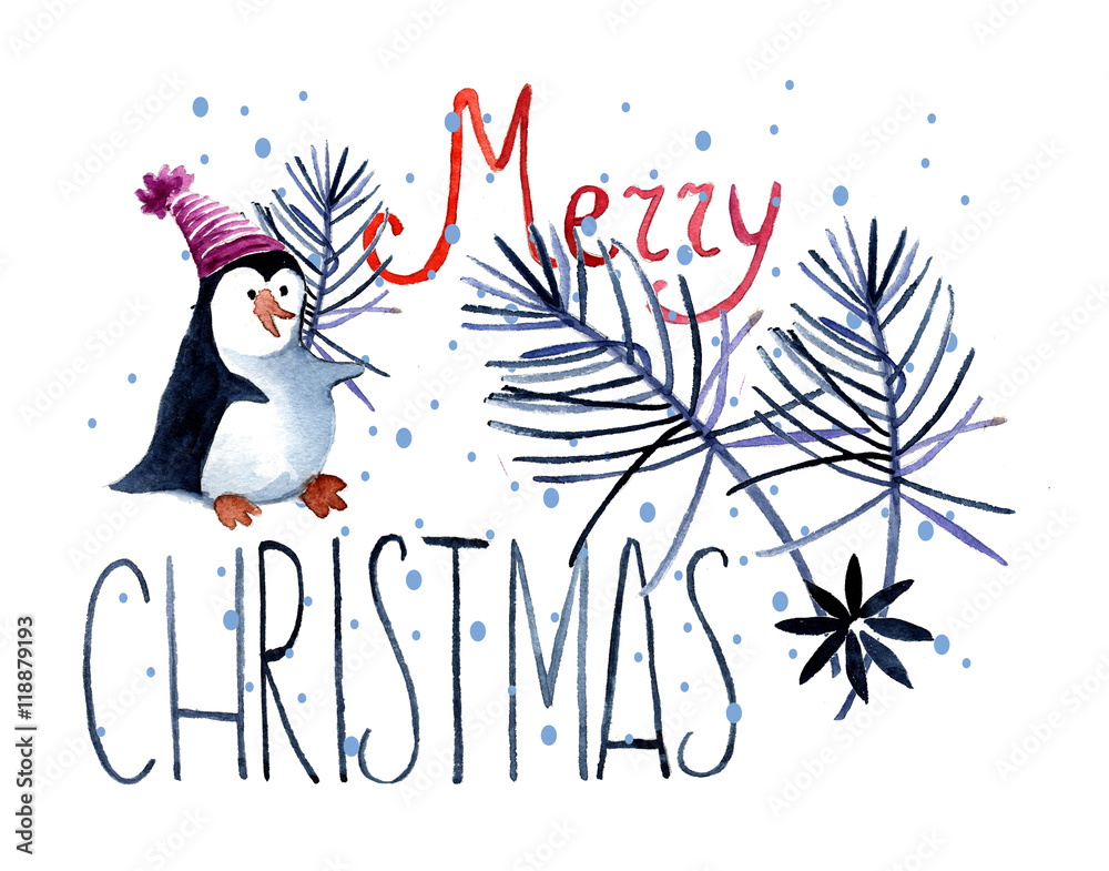Christmas, Penguin, snowman, watercolor.