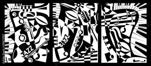 Design banner jazz music in retro geometric abstraction style. Triptych painting. Vector illustration