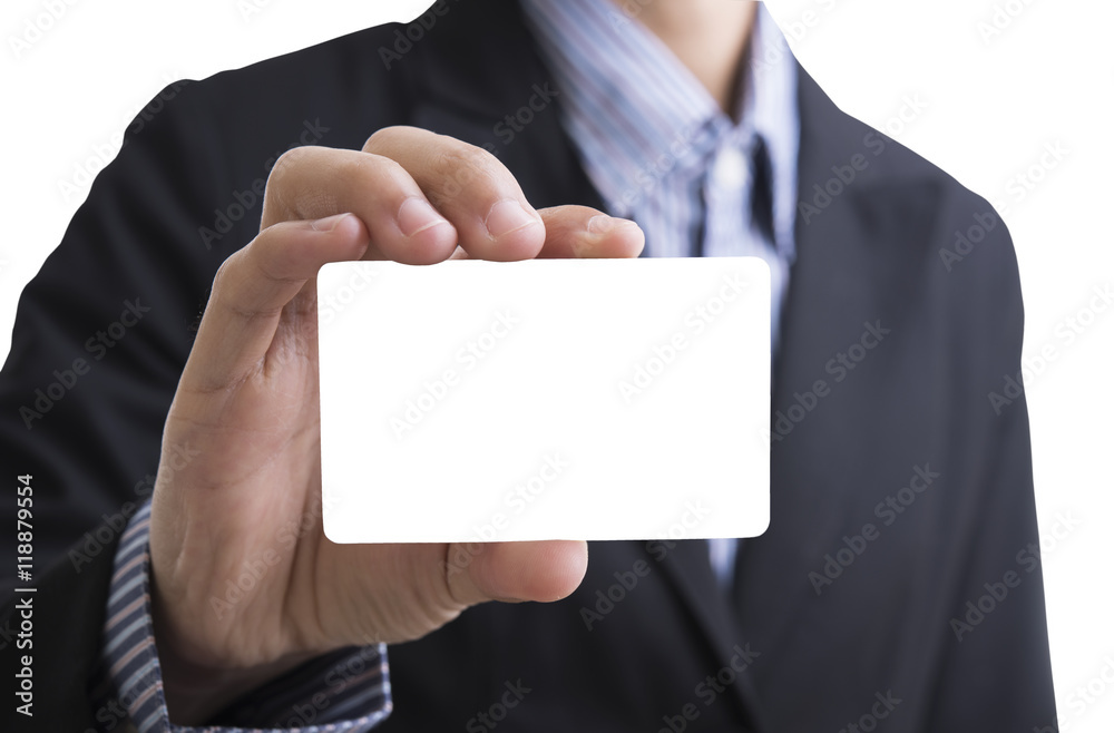 business man hand holding blank business card showing for identity concept