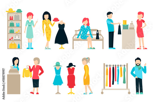 Vector shopping and shipping flat icons set. Mall Staff, Happy Buyers Isolated On White Background, Furniture, Clothes, People Vector Illustration, Graphic Editable For Your Design