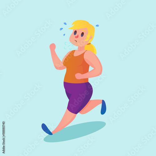 Obese young woman running Funny cartoon vector illustration © polly_boo