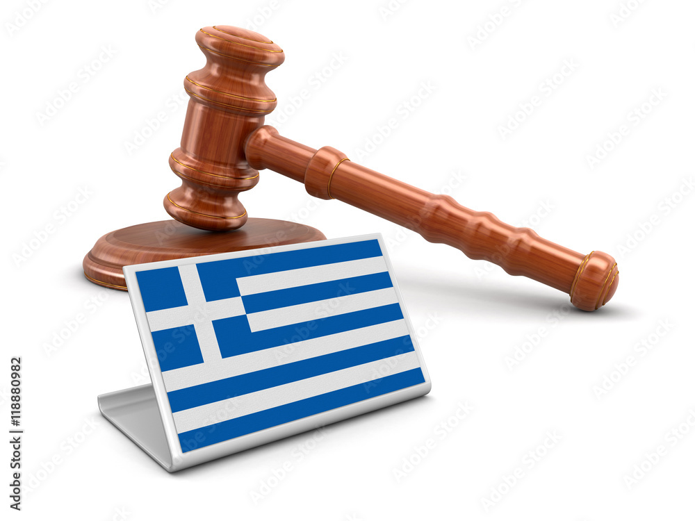 3d wooden mallet and Greek flag. Image with clipping path
