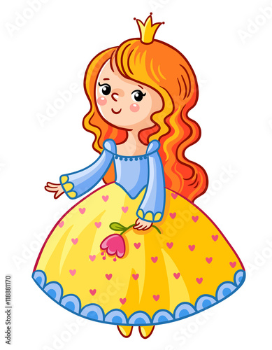 Cute Princess stand on a white background. Girl with a crown and a flower in her hand. Vector illustration of a princess in a cartoon style. Little Queen in the yellow-blue dress.