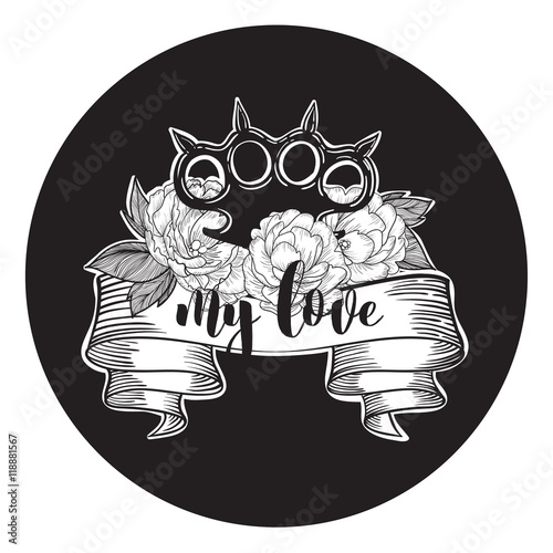 brass knuckles in roses. Old school tattoo style with weapon. vector illustration. the inscription can be replaced