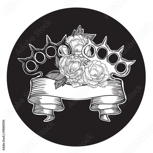 brass knuckles in roses. Old school tattoo style with weapon. vector illustration.