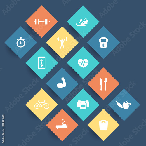 14 fitness, gym icons, exercise, training rhombic pictograms