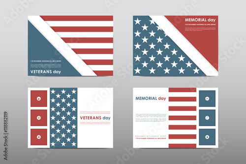 Set of Veterans Day brochure, poster templates in USA flag style. Beautiful design and layout